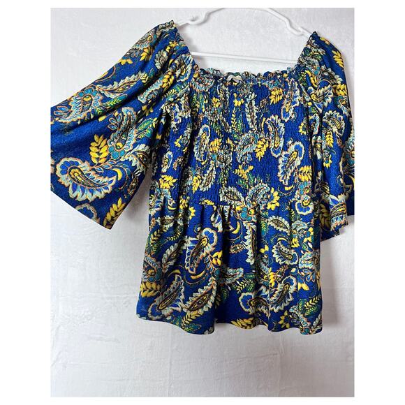 ✨Status By Chenault M Off Shoulder Peasant Blouse Boho Floral Blue Yellow - Picture 2 of 6